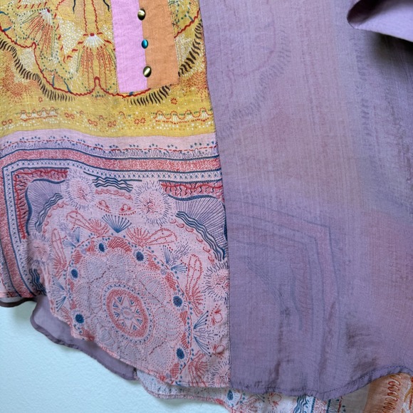Rain Women‎ Patchwork Henley Top Medium Pink Paisley Artsy Short Sleeve Bohemian - Picture 5 of 7
